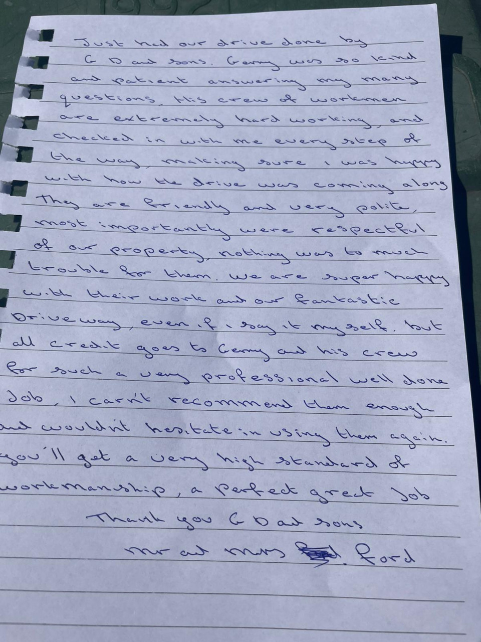 Handwritten thank you letter sent to G D and Sons by Mr and Mrs Ford